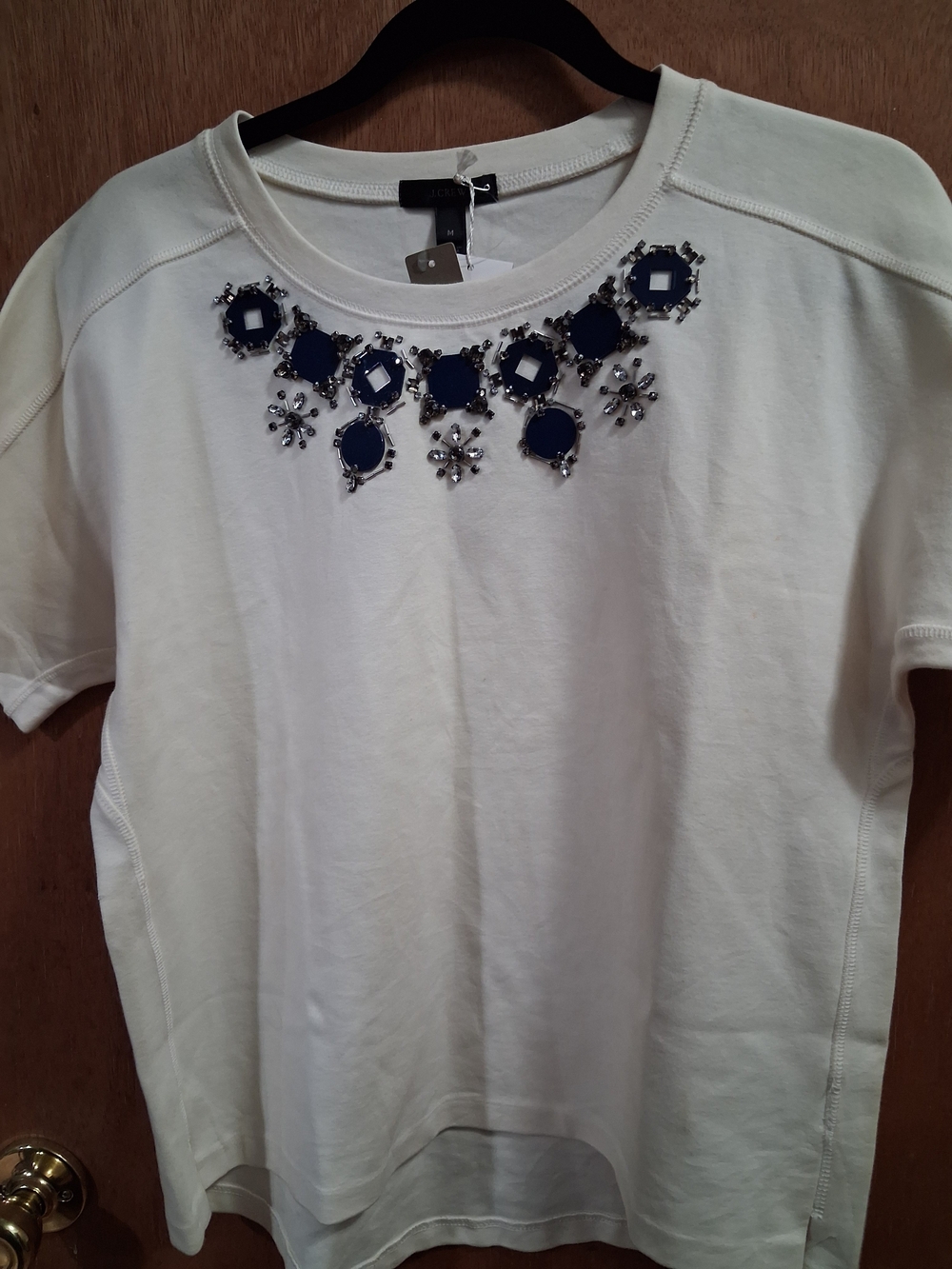 Embellished Ivory Short-Sleeve Top with Navy Gem Accents